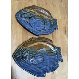 Vintage Blue Brown Signed Fish Plate Sushi Platter 9.75" NEW
